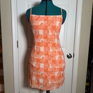 Orange & White Checkered W/ Floral Spaghetti Strap Tie Back Mini Summer Dress